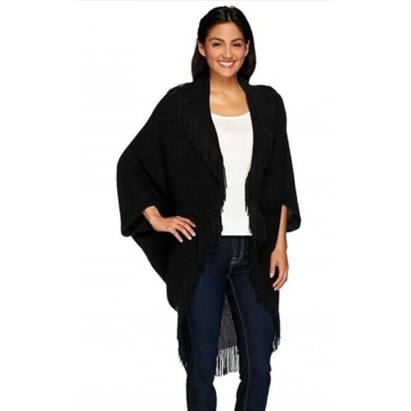 Layers by Lizden Marvelush Waffle Knit Fringed Shrug Sweater Shawl OS Black NWT - Picture 1 of 4